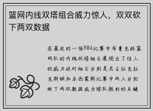 篮网内线双塔组合威力惊人，双双砍下两双数据